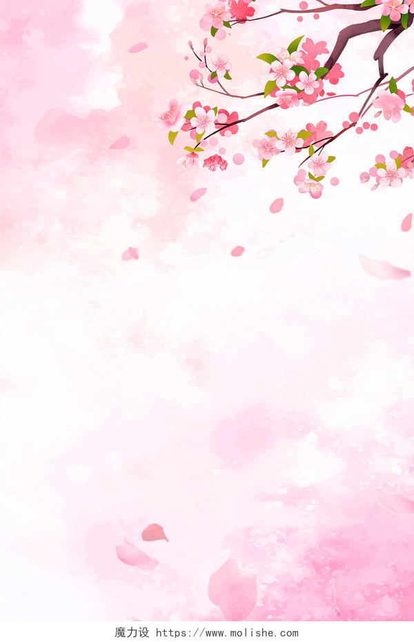 粉色唯美中国风春季桃花花瓣水墨山水海报背景水墨桃花